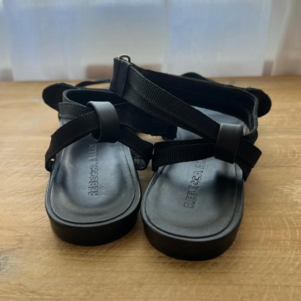 Rebecca Allen Citrine Black The Flat Two Strap Sandals Size 6 New